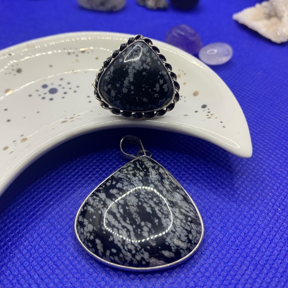 Comfort Curl ADJUSTABLE Beautiful Snowflake Obsidian Ring! .925 Sterling Overlay - Picture 8 of 16